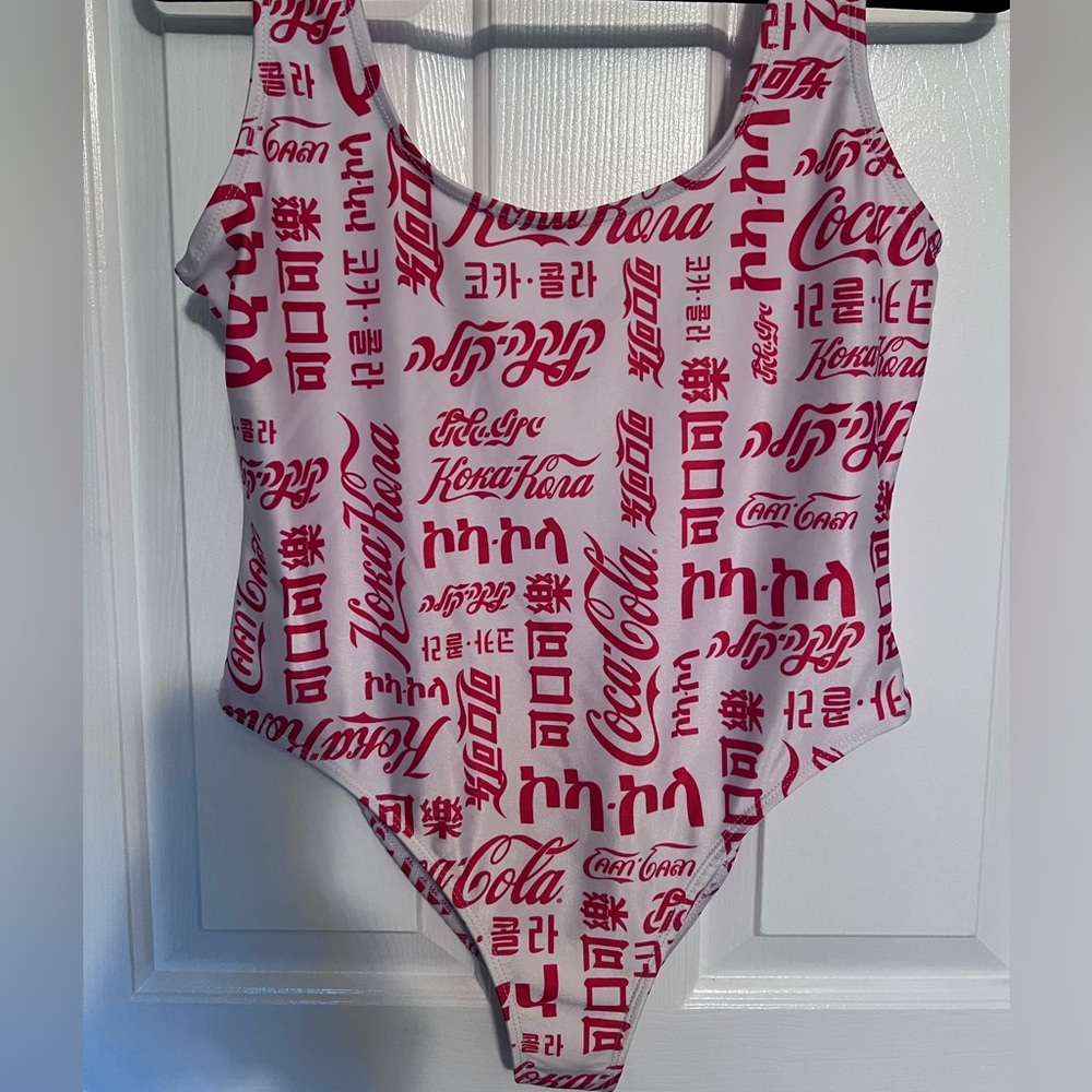 Coca Cola Swimsuit Large Women's Red White One Piece Scoop Neck Many Languages